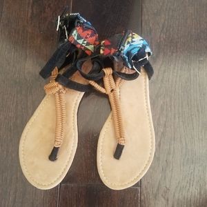 Womens Muk Luk sandals with vibrant tribal print.